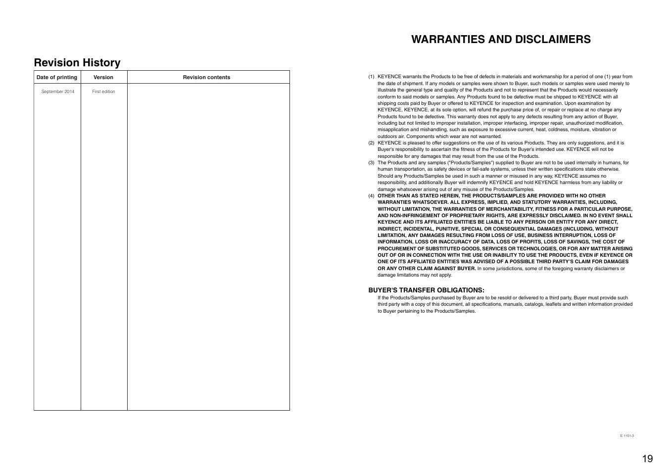 Revision history, Warranties and disclaimers | KEYENCE DL-RS1A User Manual | Page 21 / 22