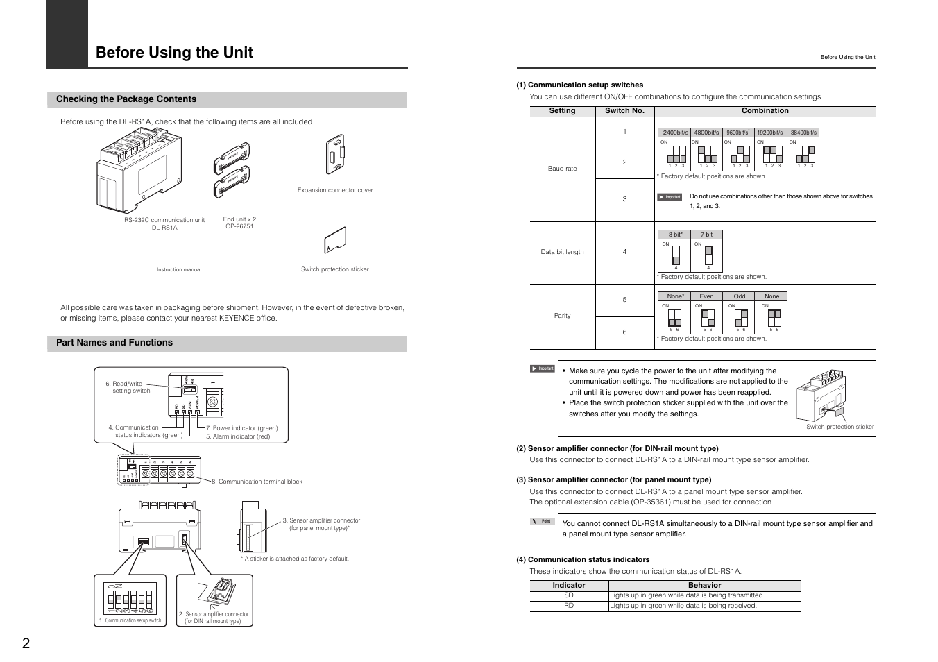 Before using the unit, Checking the package contents, Part names and functions | KEYENCE DL-RS1A User Manual | Page 4 / 22