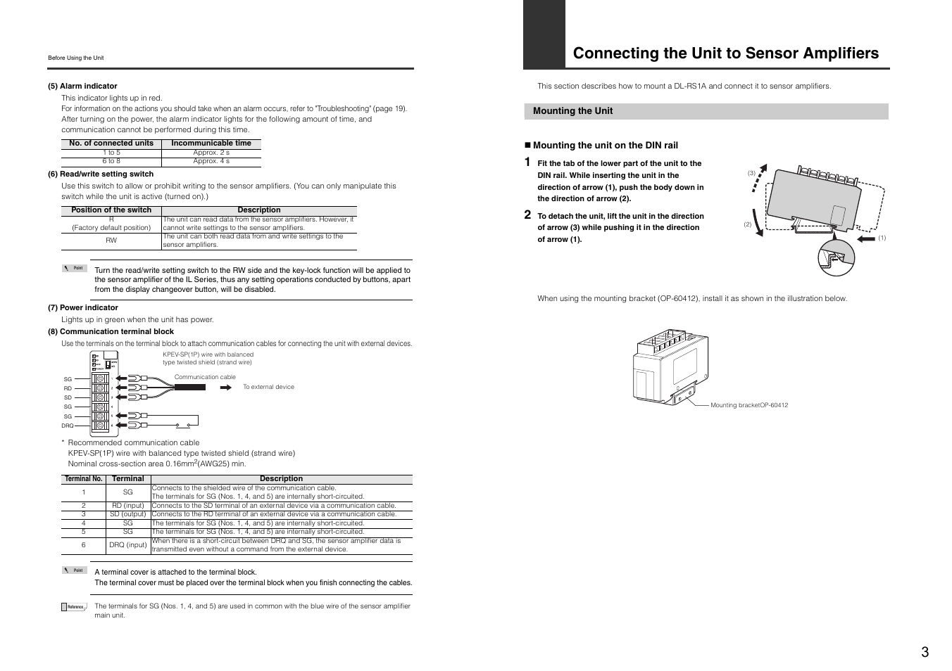 Connecting the unit to sensor amplifiers, Mounting the unit | KEYENCE DL-RS1A User Manual | Page 5 / 22