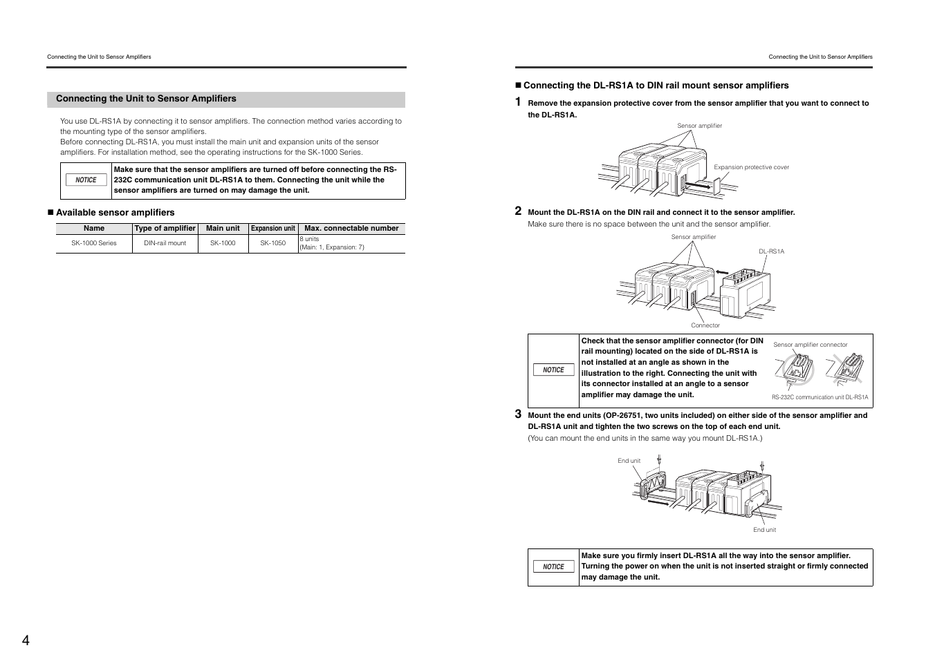 Connecting the unit to sensor amplifiers | KEYENCE DL-RS1A User Manual | Page 6 / 22