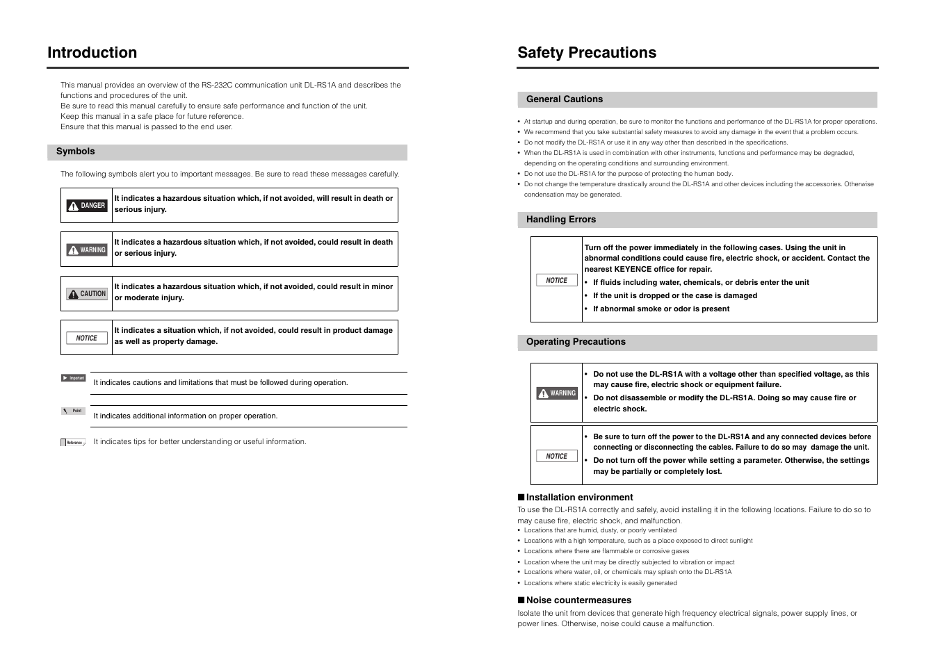 Introduction, Symbols, Safety precautions | General cautions, Handling errors, Operating precautions | KEYENCE DL-RS1A User Manual | Page 2 / 24