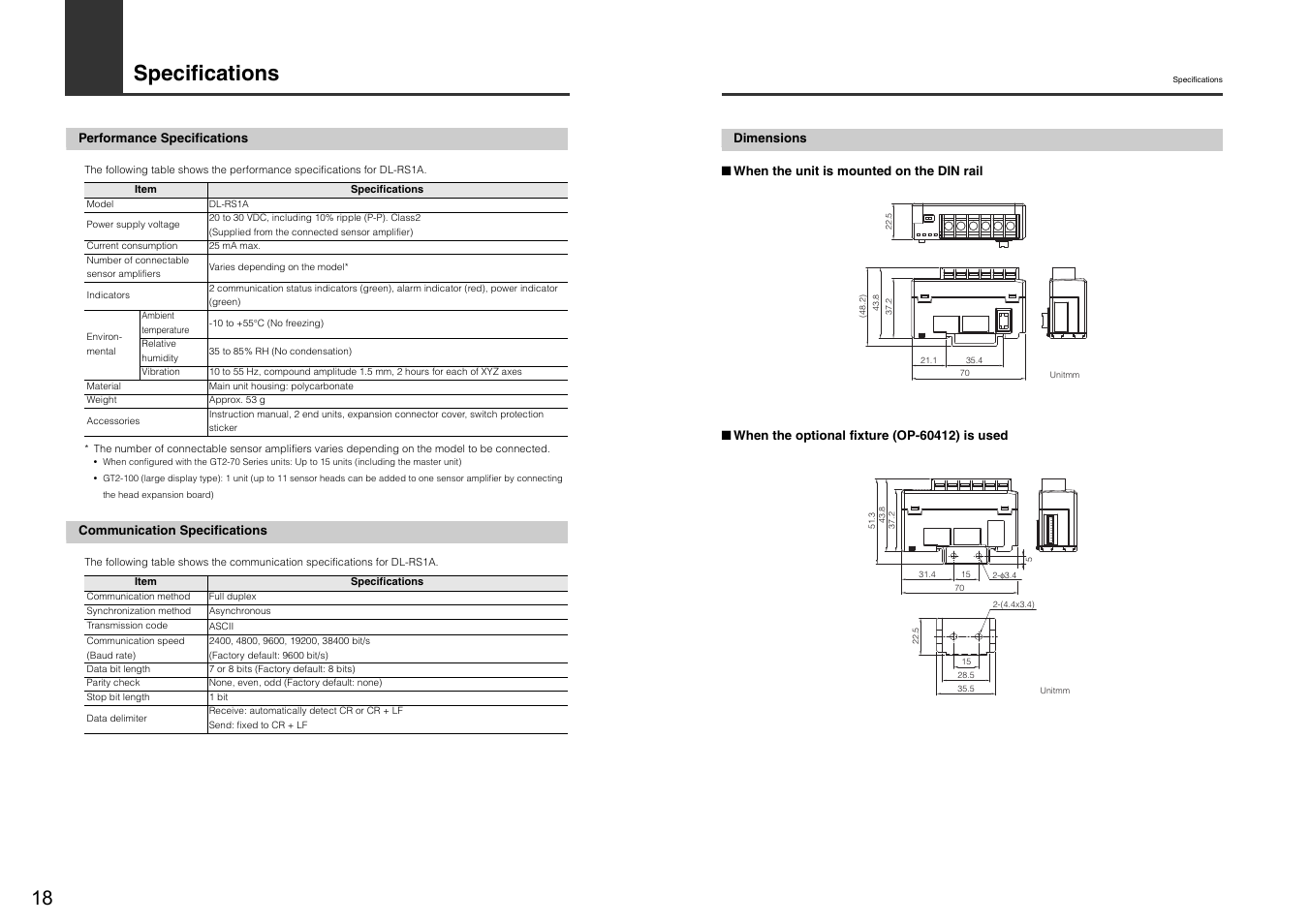 Specifications, Performance specifications, Communication specifications | Dimensions | KEYENCE DL-RS1A User Manual | Page 20 / 24