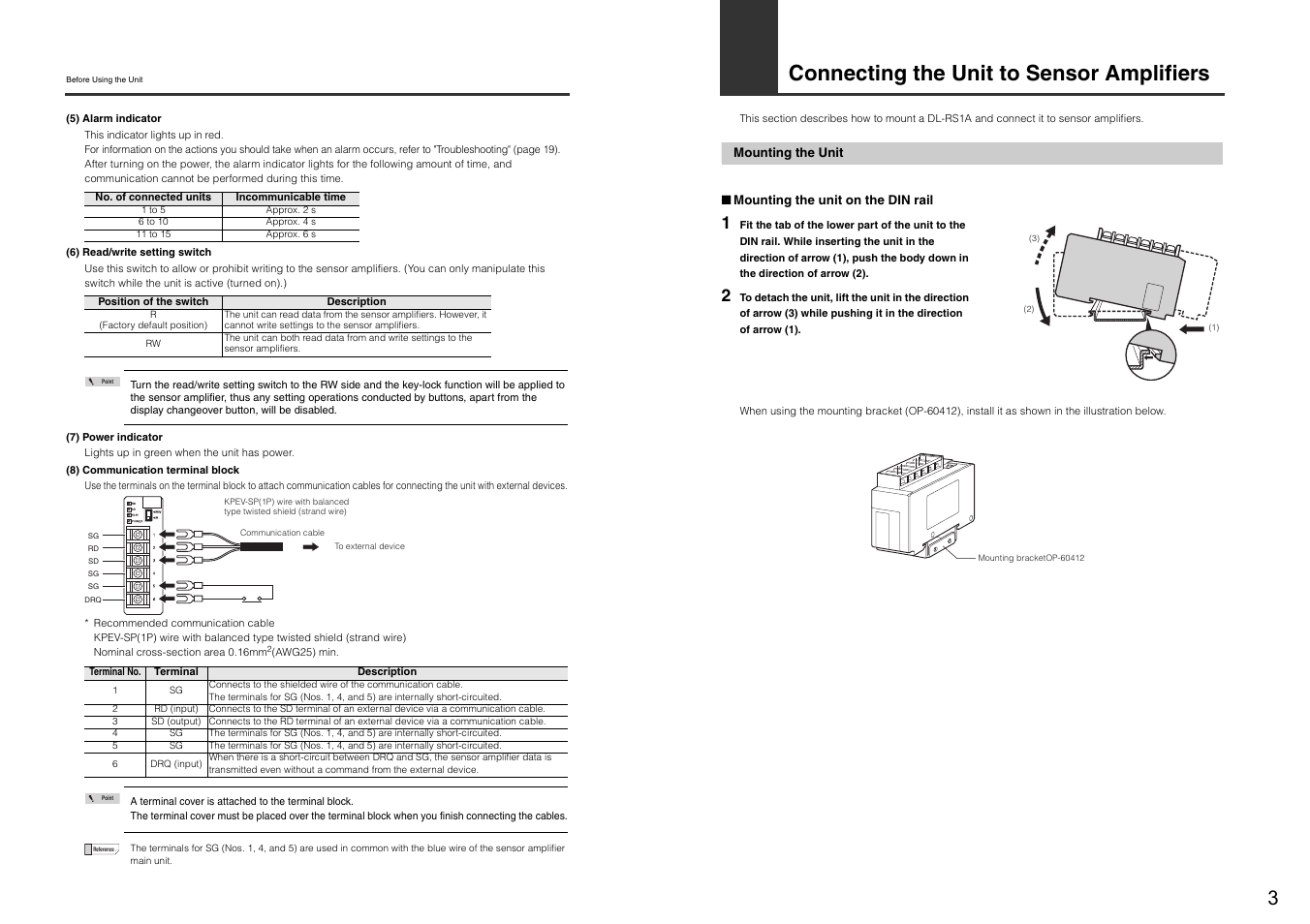 Connecting the unit to sensor amplifiers, Mounting the unit | KEYENCE DL-RS1A User Manual | Page 5 / 24
