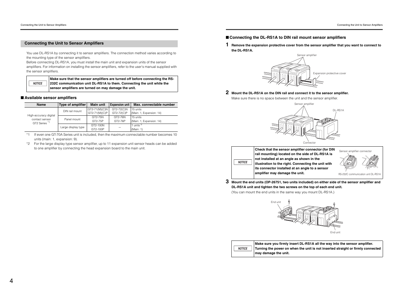 Connecting the unit to sensor amplifiers | KEYENCE DL-RS1A User Manual | Page 6 / 24