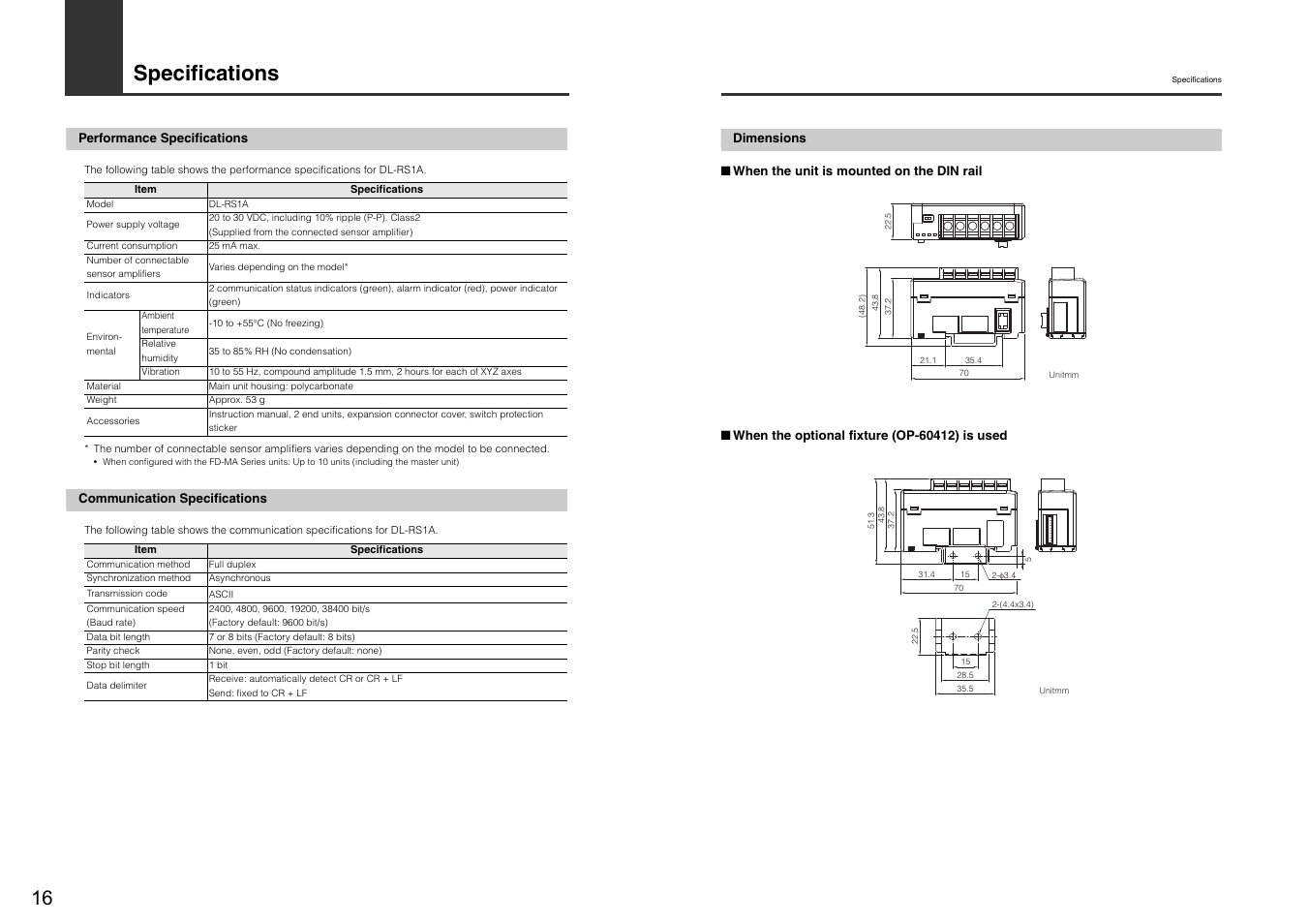 Specifications, Performance specifications, Communication specifications | Dimensions | KEYENCE DL-RS1A/FD-MH User Manual | Page 18 / 24