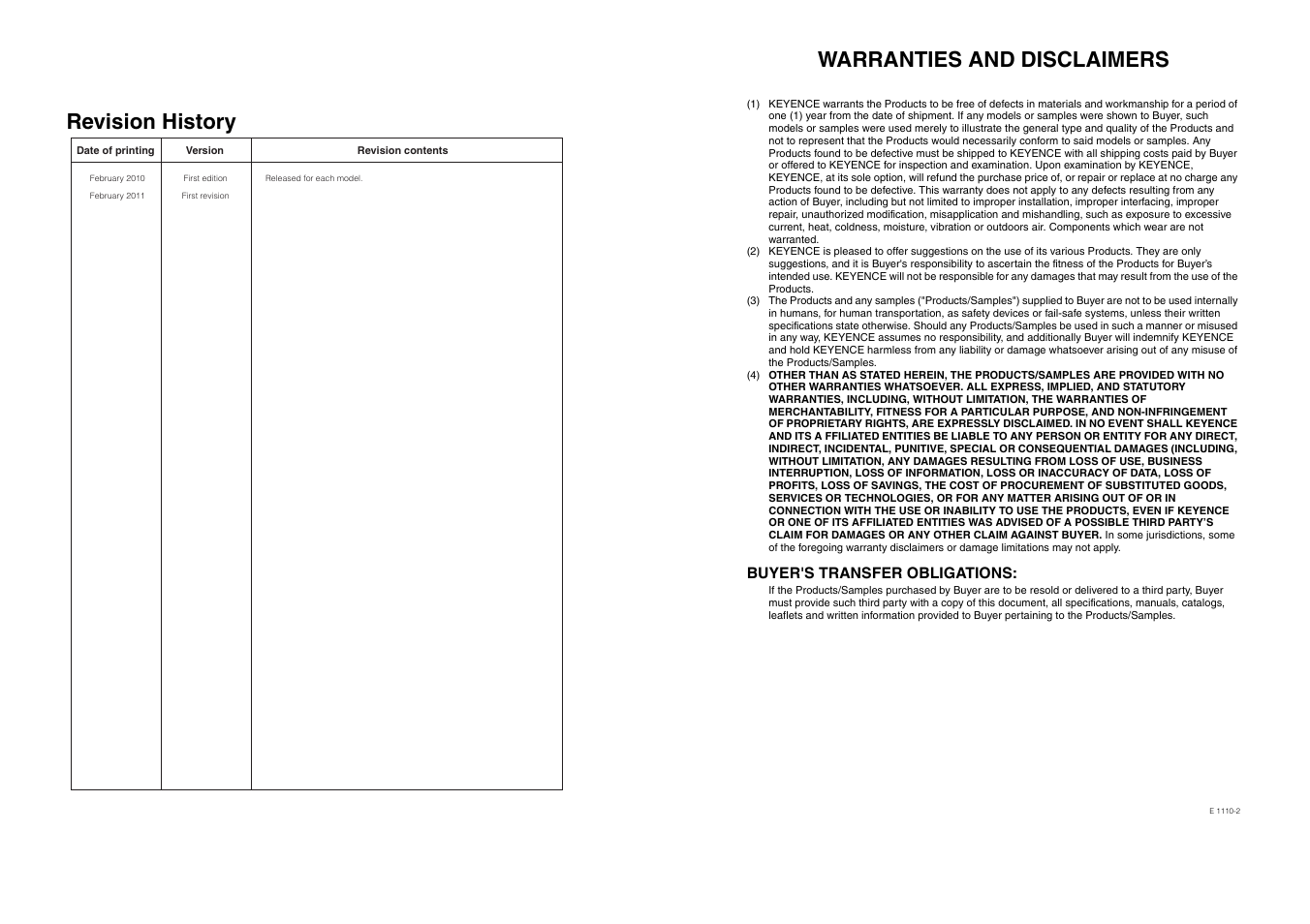 Revision history, Warranties and disclaimers, Buyer's transfer obligations | KEYENCE DL-RS1A/FD-MH User Manual | Page 23 / 24