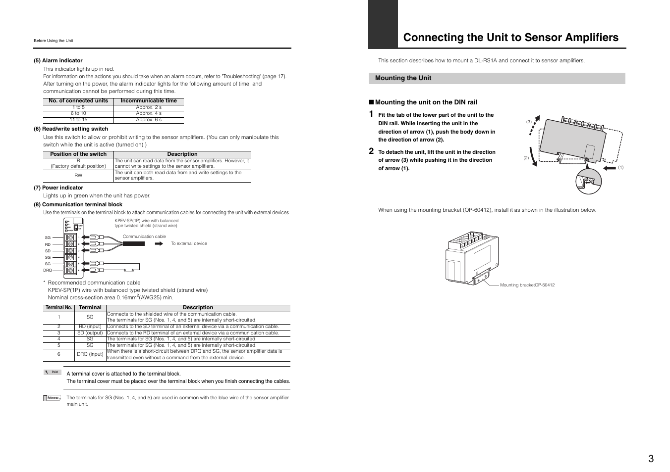 Connecting the unit to sensor amplifiers, Mounting the unit | KEYENCE DL-RS1A/FD-MH User Manual | Page 5 / 24