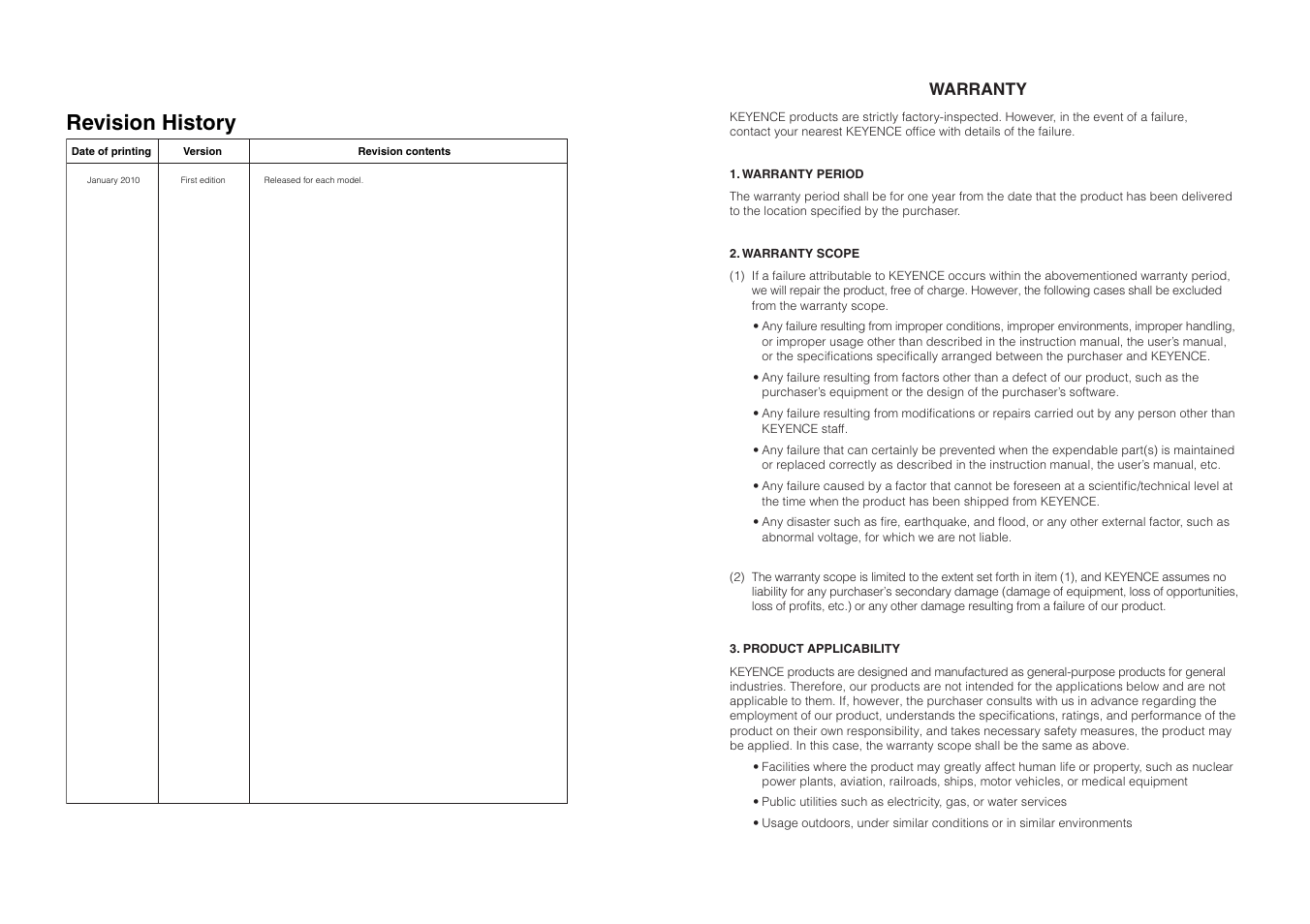 Revision history, Warranty | KEYENCE DL-RS1A/FD-S User Manual | Page 23 / 24