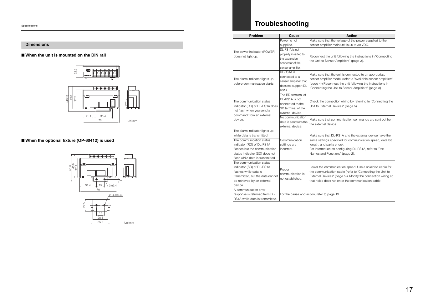Dimensions, Troubleshooting | KEYENCE DL-RS1A/GT-70A User Manual | Page 19 / 24
