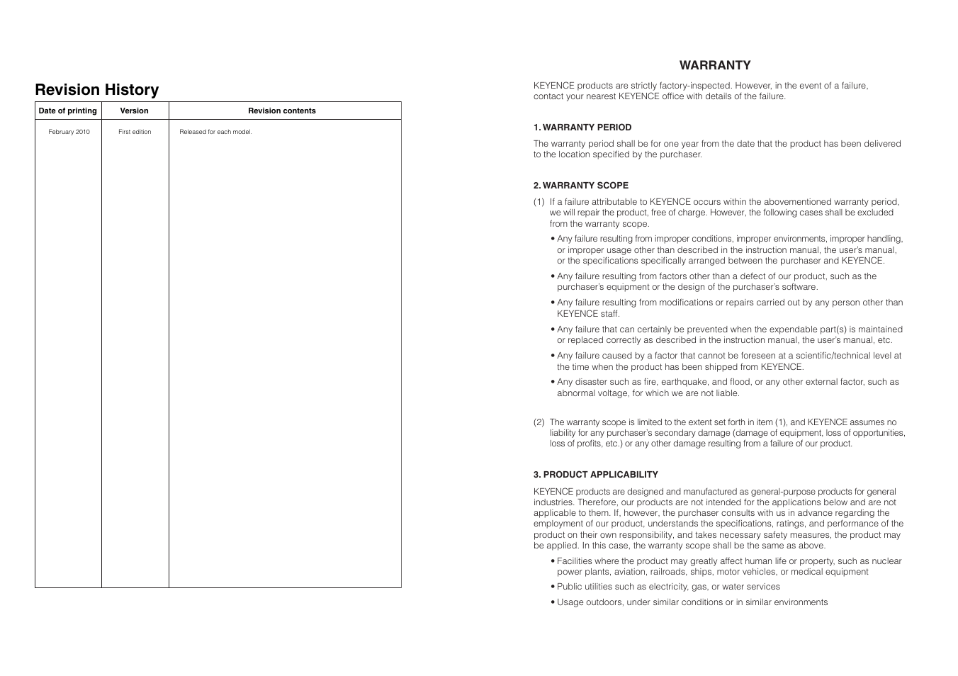 Revision history, Warranty | KEYENCE DL-RS1A/GT-70A User Manual | Page 23 / 24