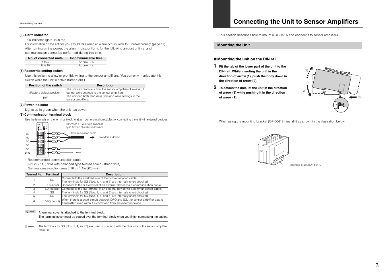 Connecting the unit to sensor amplifiers, Mounting the unit | KEYENCE DL-RS1A/GT-70A User Manual | Page 5 / 24