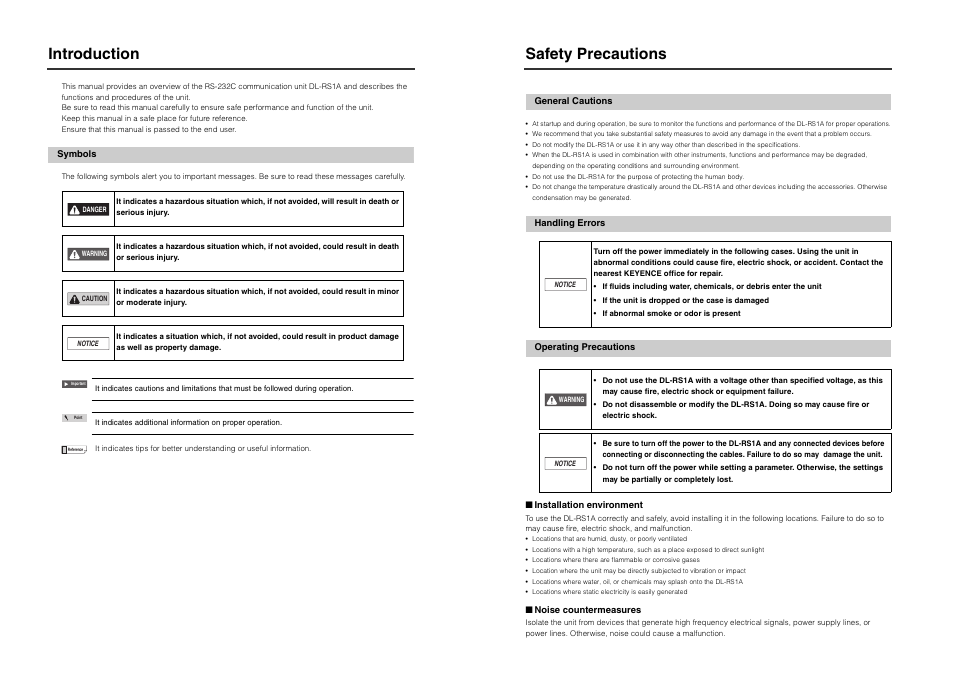 Introduction, Symbols, Safety precautions | General cautions, Handling errors, Operating precautions | KEYENCE DL-RS1A/IB User Manual | Page 2 / 24
