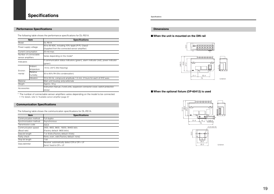 Specifications, Performance specifications, Communication specifications | Dimensions | KEYENCE DL-RS1A/IB User Manual | Page 21 / 24