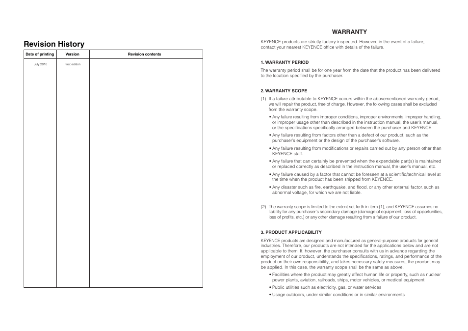 Revision history, Warranty | KEYENCE DL-RS1A/IB User Manual | Page 23 / 24