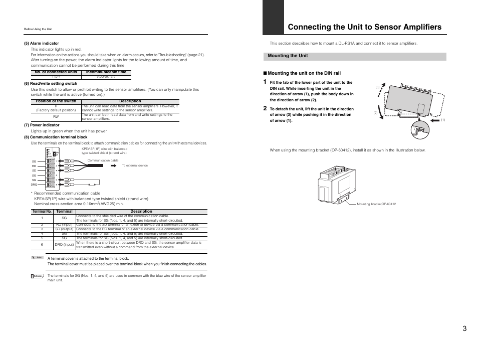 Connecting the unit to sensor amplifiers, Mounting the unit | KEYENCE DL-RS1A/IB User Manual | Page 5 / 24