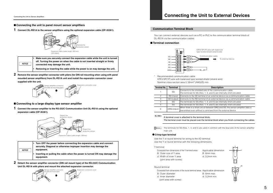 Connecting the unit to external devices, Communication terminal block | KEYENCE DL-RS1A/IB User Manual | Page 7 / 24
