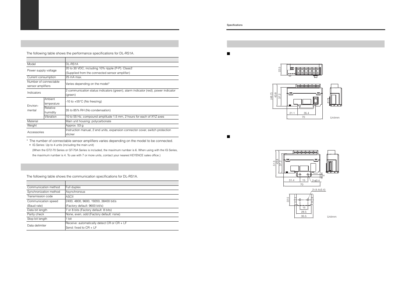 Specifications, Performance specifications, Communication specifications | Dimensions | KEYENCE DL-RS1A/IG User Manual | Page 22 / 28