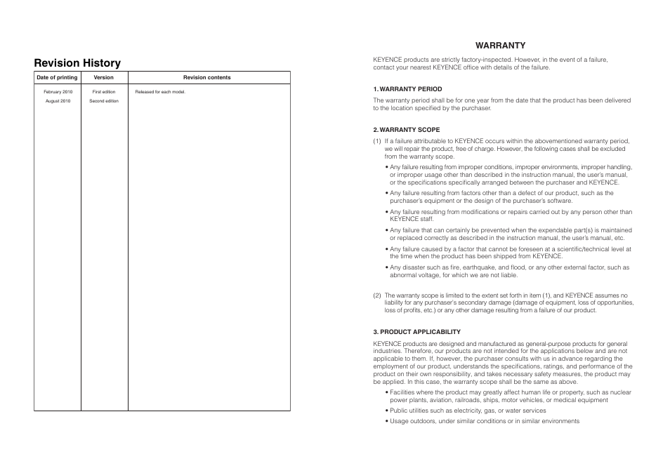 Revision history, Warranty | KEYENCE DL-RS1A/IG User Manual | Page 27 / 28