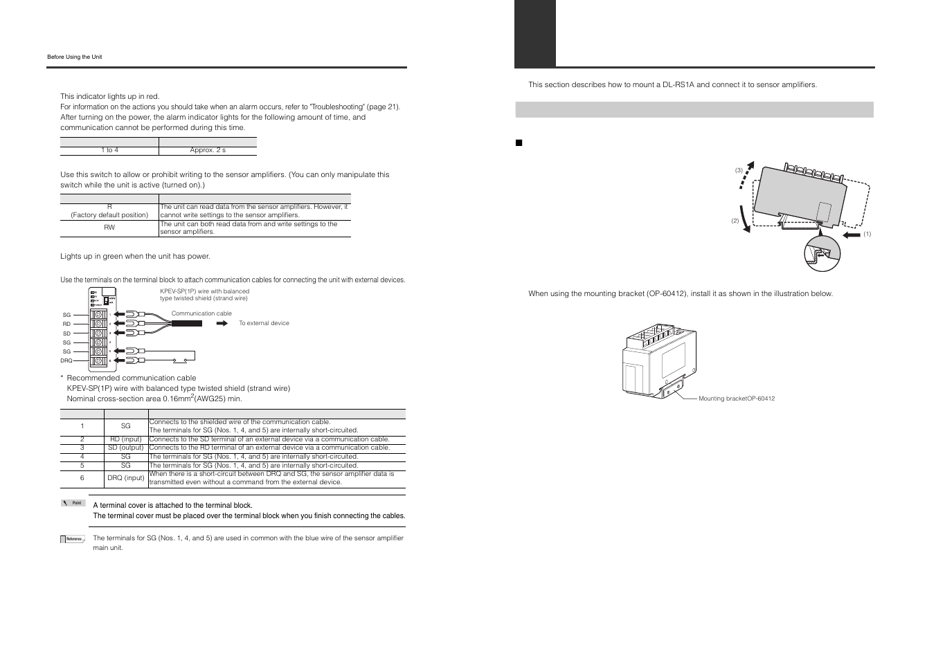 Connecting the unit to sensor amplifiers, Mounting the unit | KEYENCE DL-RS1A/IG User Manual | Page 5 / 28