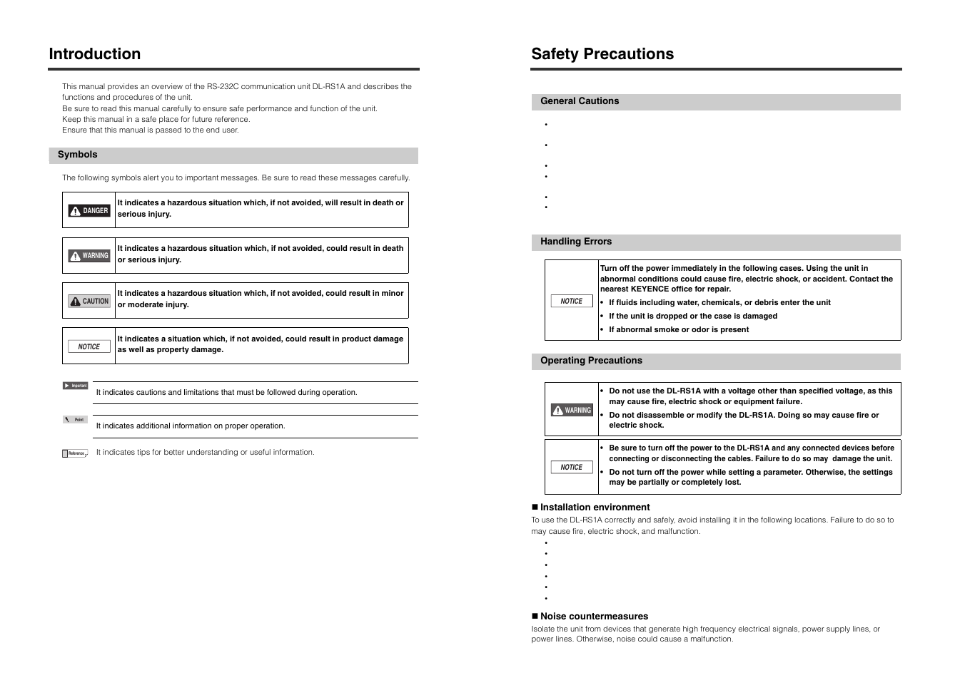 Introduction, Symbols, Safety precautions | General cautions, Handling errors, Operating precautions | KEYENCE DL-RS1A/IL User Manual | Page 2 / 24