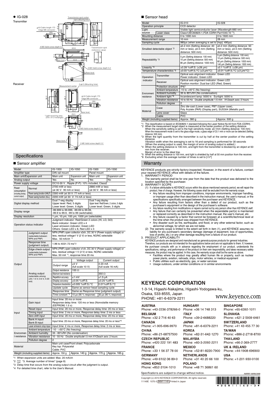 Specifications, Warranty, Sensor amplifier | Sensor head, Z ig-028 | KEYENCE IG Series User Manual | Page 10 / 10