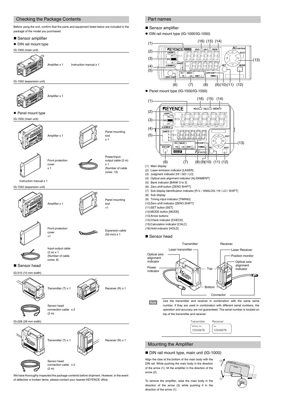 Checking the package contents, Part names, Mounting the amplifier | KEYENCE IG Series User Manual | Page 2 / 10