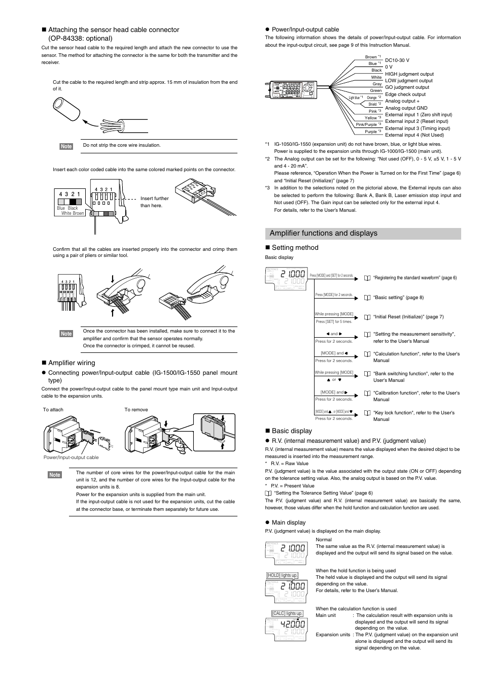 Amplifier functions and displays, Amplifier wiring, Setting method | Basic display, Z power/input-output cable, Z main display | KEYENCE IG Series User Manual | Page 5 / 10