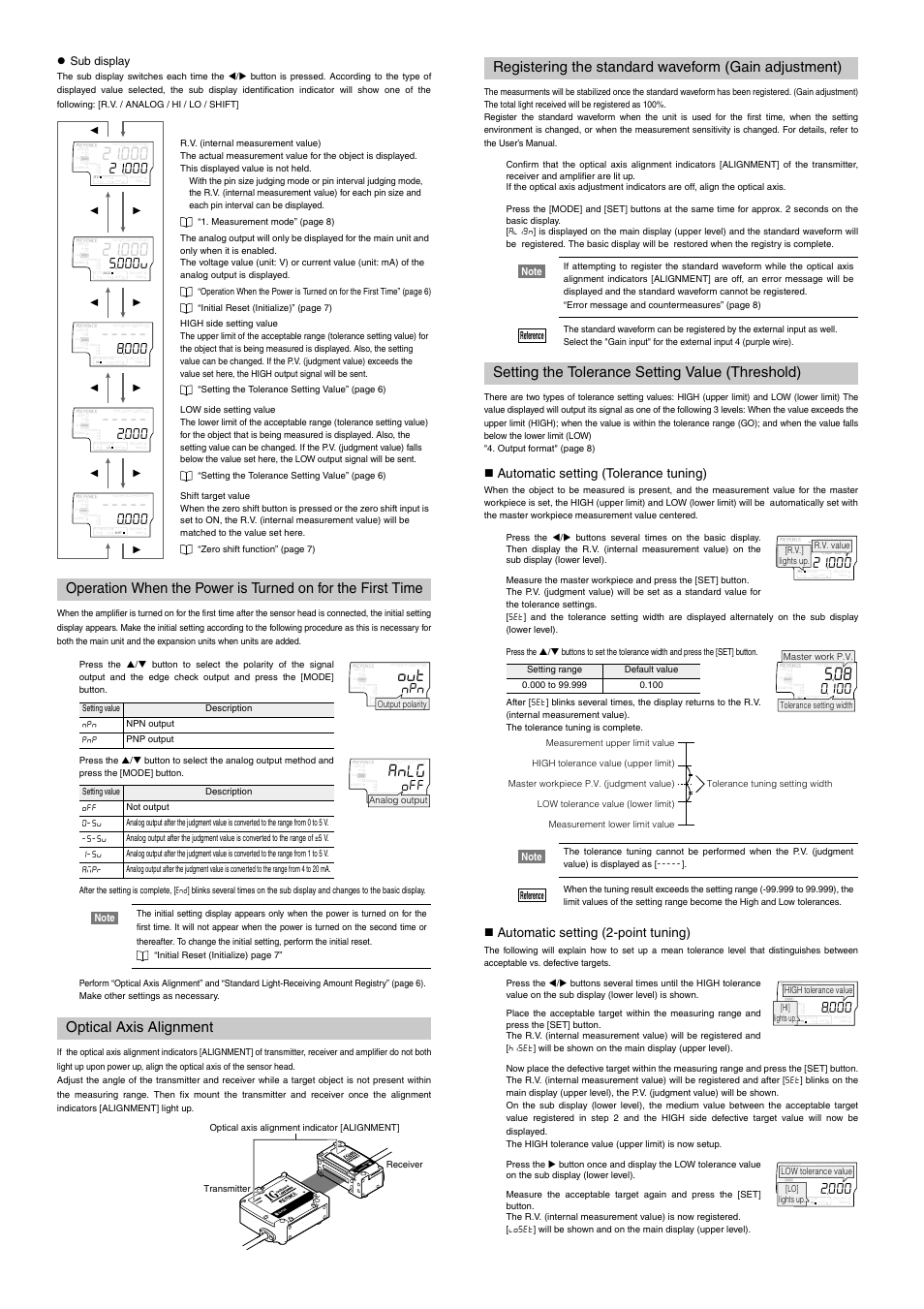 Optical axis alignment, Setting the tolerance setting value (threshold), Automatic setting (tolerance tuning) | Automatic setting (2-point tuning), Z sub display, Reference | KEYENCE IG Series User Manual | Page 6 / 10