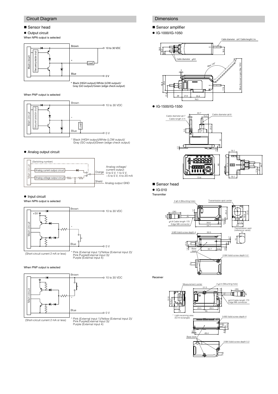 Circuit diagram, Dimensions, Sensor head | Sensor amplifier, Z output circuit, Z analog output circuit z input circuit, Z ig-010 | KEYENCE IG Series User Manual | Page 9 / 10