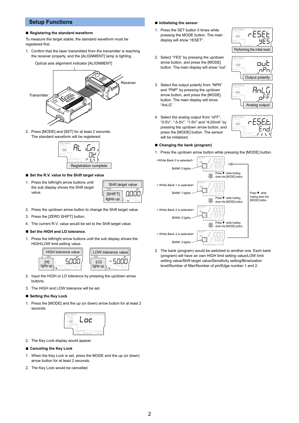 Setup functions, Hi] lights up. low tolerance value [lo] lights up, Performing the initial reset | Output polarity, Analog output, High tolerance value | KEYENCE IG Series User Manual | Page 2 / 4