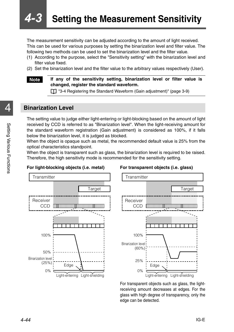 3 setting the measurement sensitivity, Binarization level, Setting the measurement sensitivity -44 | Binarization level -44, Setting the measurement sensitivity | KEYENCE IG Series User Manual | Page 102 / 164