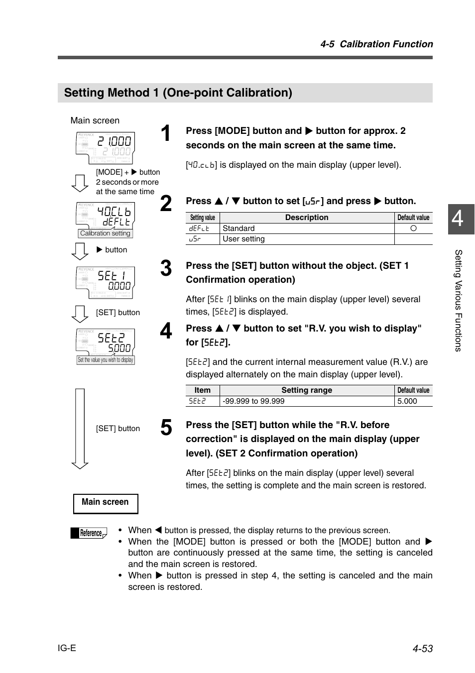 Setting method 1 (one-point calibration), Setting method 1 (one-point calibration) -53, F'(.6 | 5 calibration function, Reference, Ig-e, Setting v a ri o us f u nct ion s, Main screen, When w | KEYENCE IG Series User Manual | Page 111 / 164