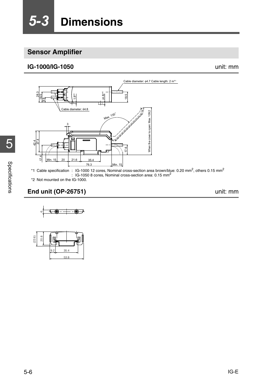 3 dimensions, Sensor amplifier, Dimensions -6 | Sensor amplifier -6, Dimensions, Ig-e, Specific a tion s | KEYENCE IG Series User Manual | Page 118 / 164