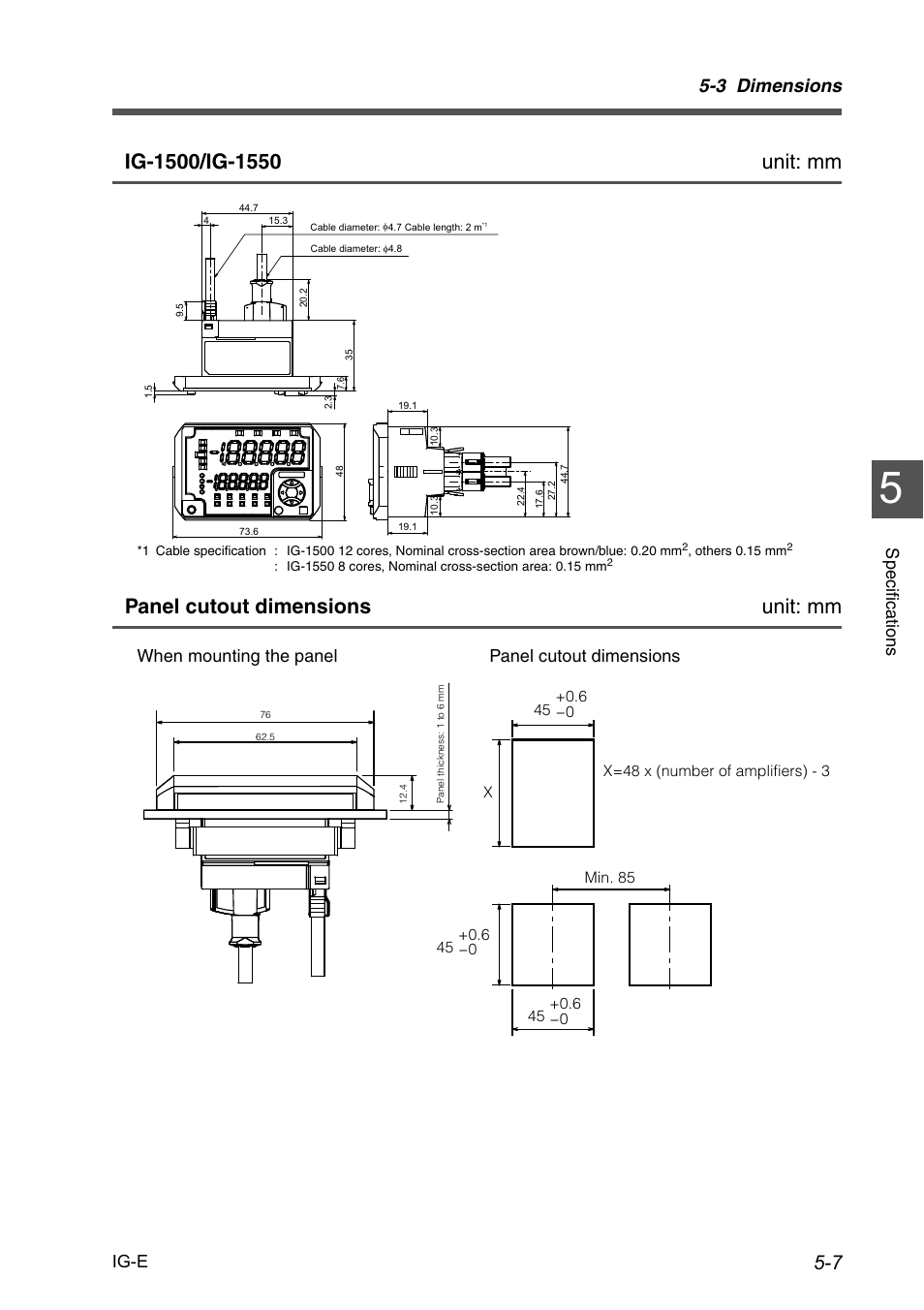 Panel cutout dimensions unit: mm, 3 dimensions, Ig-e | Specific a tion s, When mounting the panel panel cutout dimensions | KEYENCE IG Series User Manual | Page 119 / 164