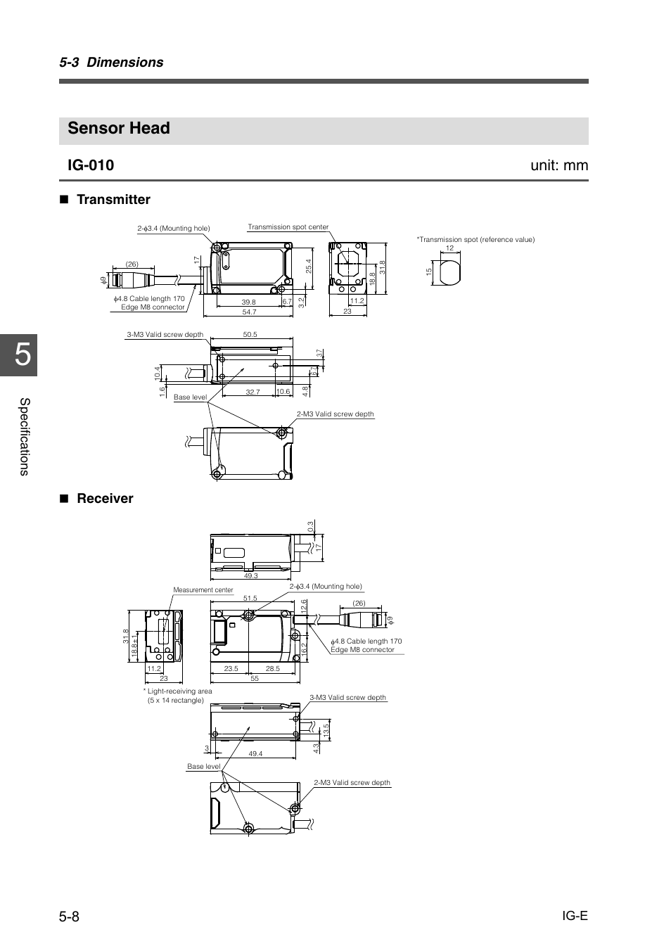 Sensor head, Sensor head -8, Ig-010 unit: mm | 3 dimensions, Transmitter  receiver, Specific a tion s ig-e | KEYENCE IG Series User Manual | Page 120 / 164