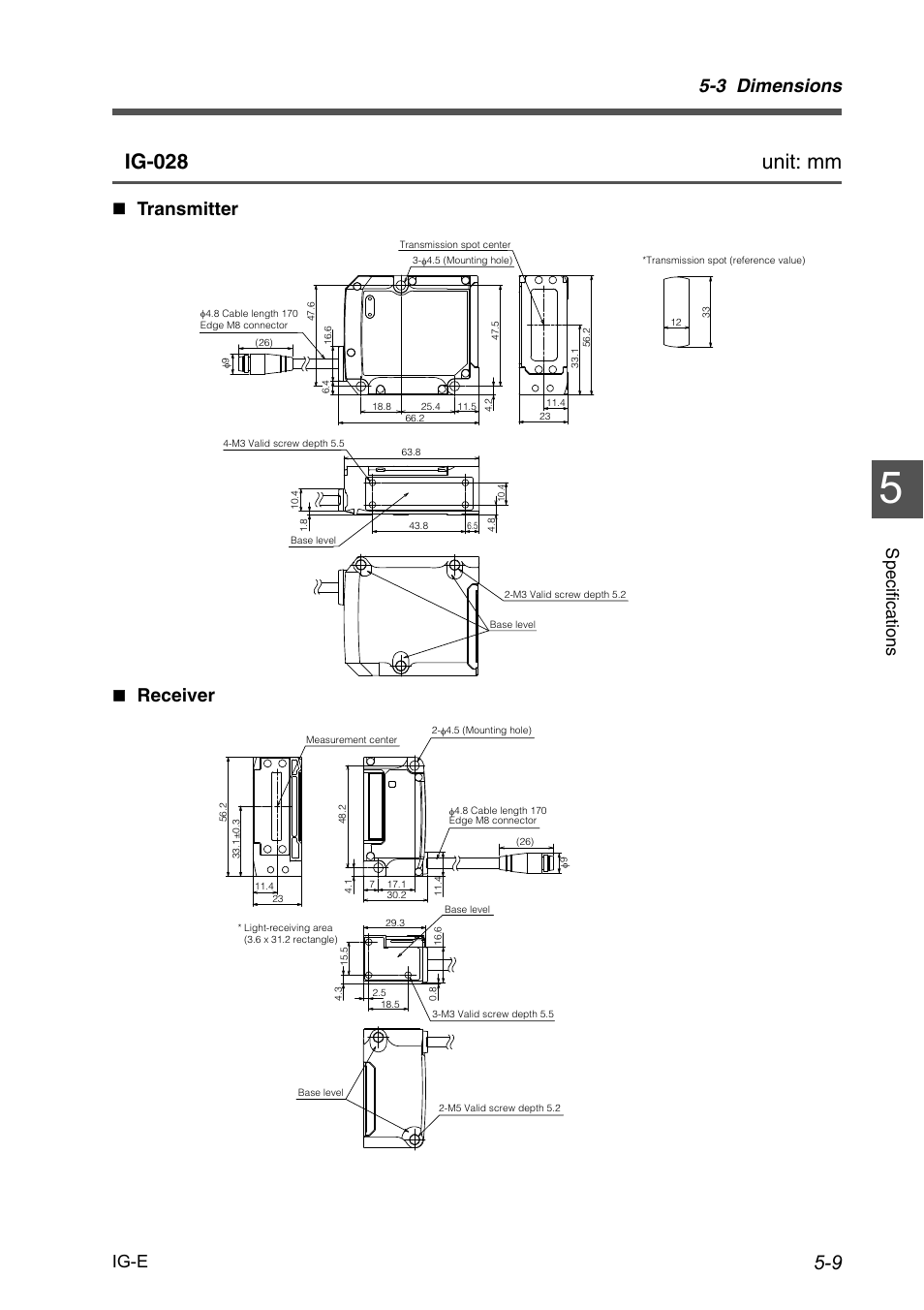 Ig-028 unit: mm, 3 dimensions, Transmitter  receiver | Ig-e, Specific a tion s | KEYENCE IG Series User Manual | Page 121 / 164