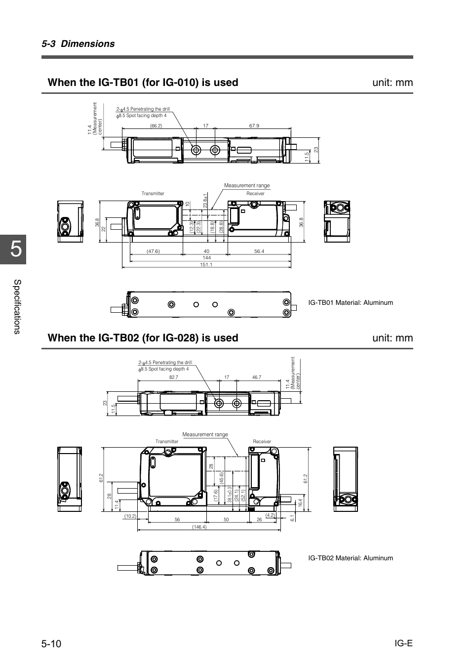 3 dimensions, Specific a tion s ig-e | KEYENCE IG Series User Manual | Page 122 / 164