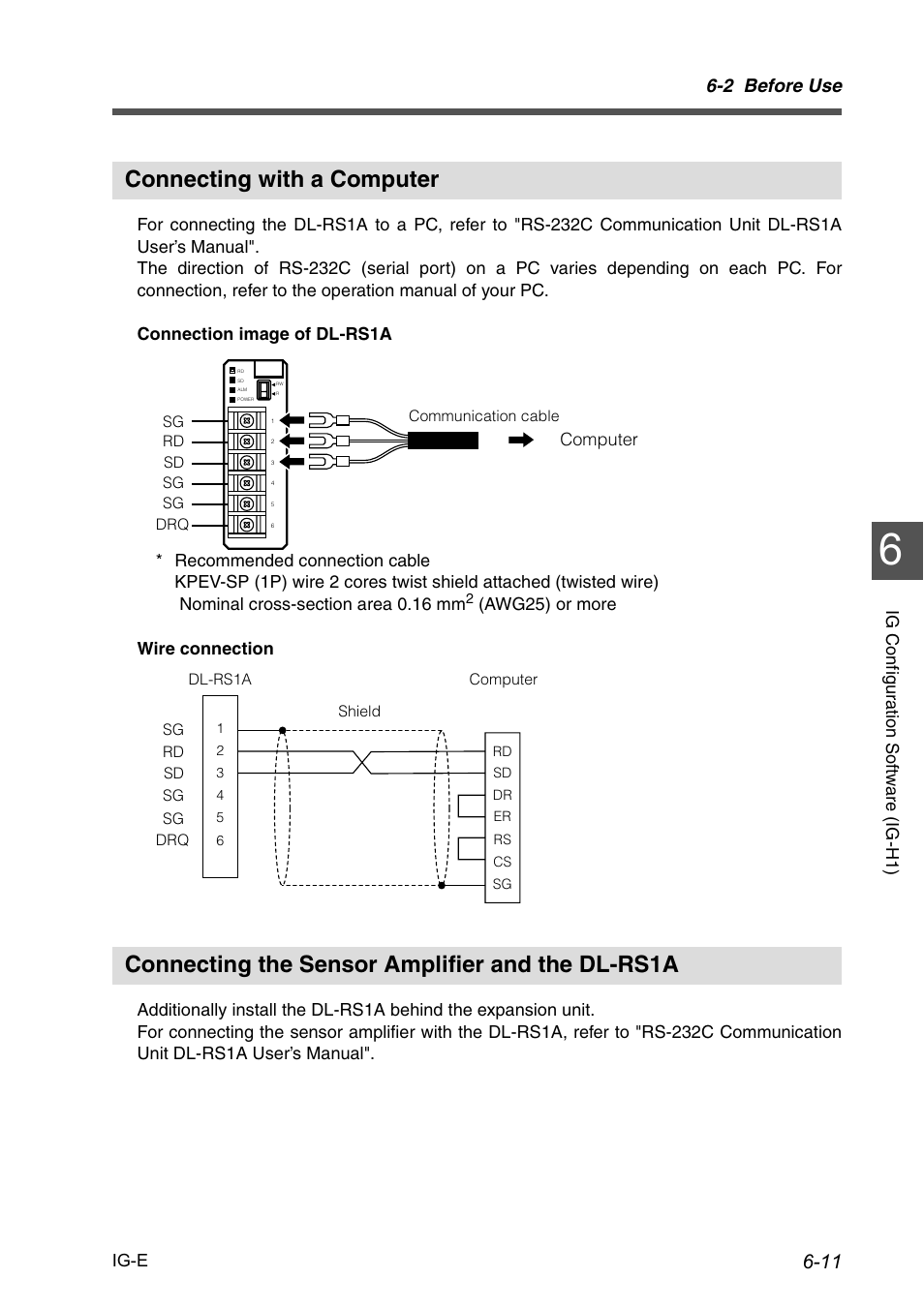 Connecting with a computer, Connecting the sensor amplifier and the dl-rs1a, 2 before use | Ig-e, Computer | KEYENCE IG Series User Manual | Page 133 / 164