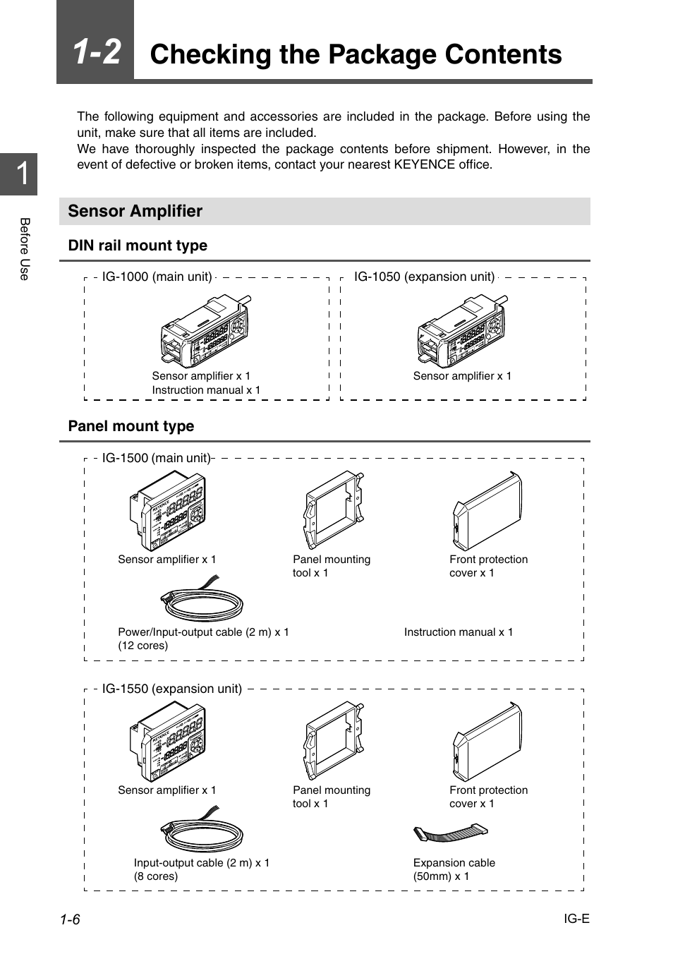 2 checking the package contents, Sensor amplifier, Checking the package contents -6 | Sensor amplifier -6, Checking the package contents | KEYENCE IG Series User Manual | Page 16 / 164