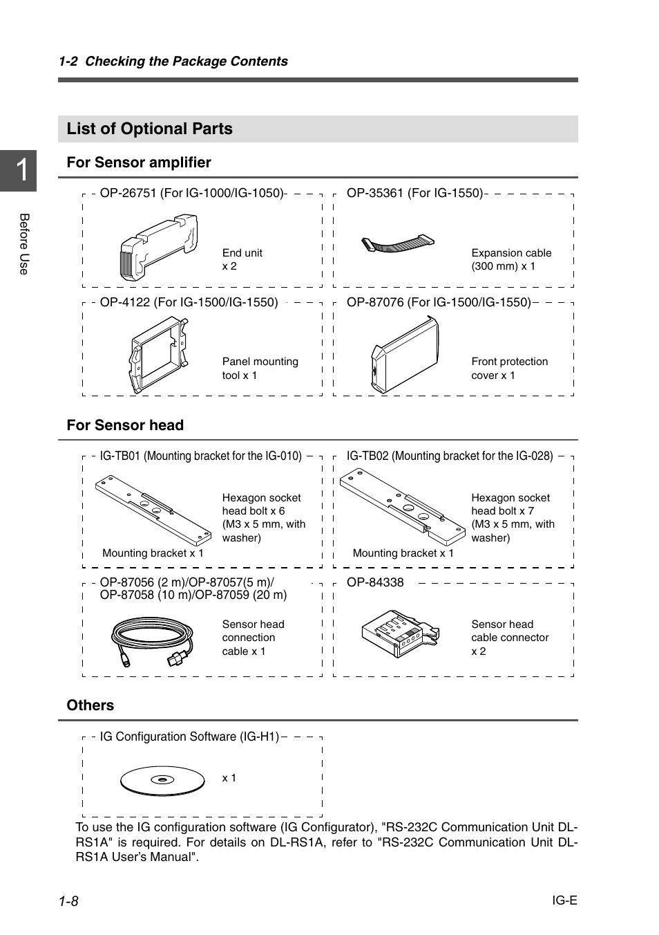 List of optional parts, List of optional parts -8 | KEYENCE IG Series User Manual | Page 18 / 164