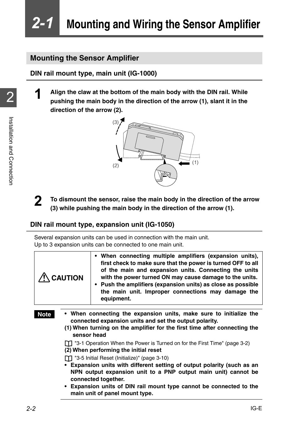 1 mounting and wiring the sensor amplifier, Mounting the sensor amplifier, Mounting and wiring the sensor amplifier -2 | Mounting the sensor amplifier -2, Mounting and wiring the sensor amplifier | KEYENCE IG Series User Manual | Page 24 / 164