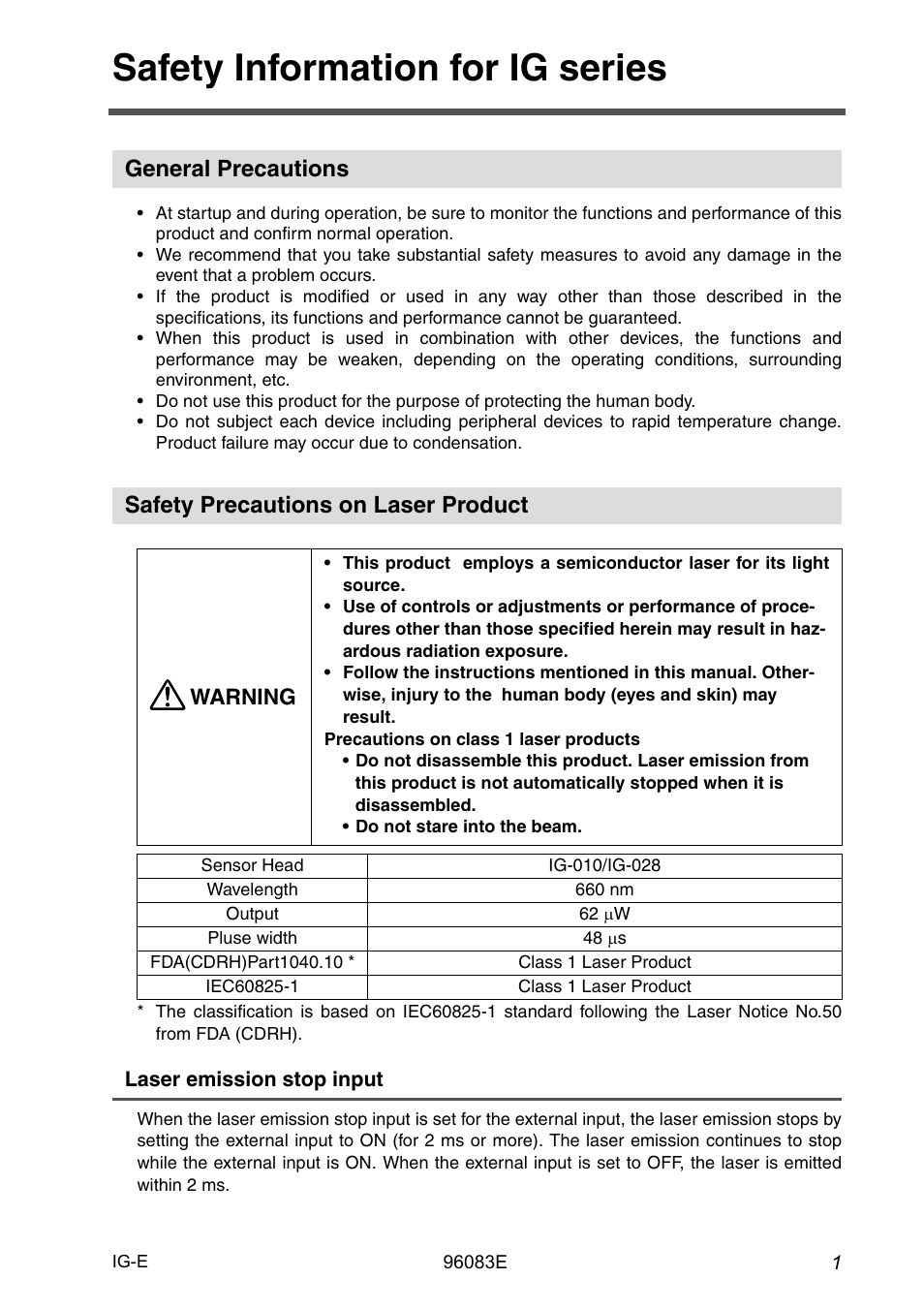 Safety information for ig series, General precautions, Safety precautions on laser product | KEYENCE IG Series User Manual | Page 3 / 164