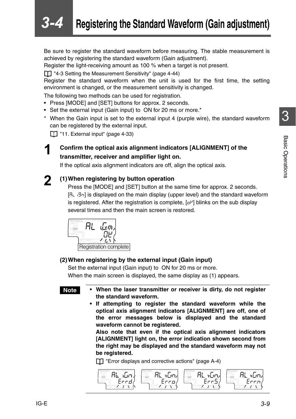 4 registering the, Ttf, Tt5 | Ttq, Ttp, 1) when registering by button operation, Bas ic oper a tion s ig-e, 3 setting the measurement sensitivity" (page 4-44), External input" (page 4-33), Error displays and corrective actions" (page a-4) | KEYENCE IG Series User Manual | Page 45 / 164