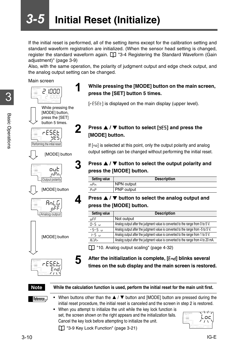 5 initial reset (initialize), Initial reset (initialize) -10, Initial reset (initialize) | T'5'v, Reference, Ig-e, Bas ic oper a tion s, Analog output scaling