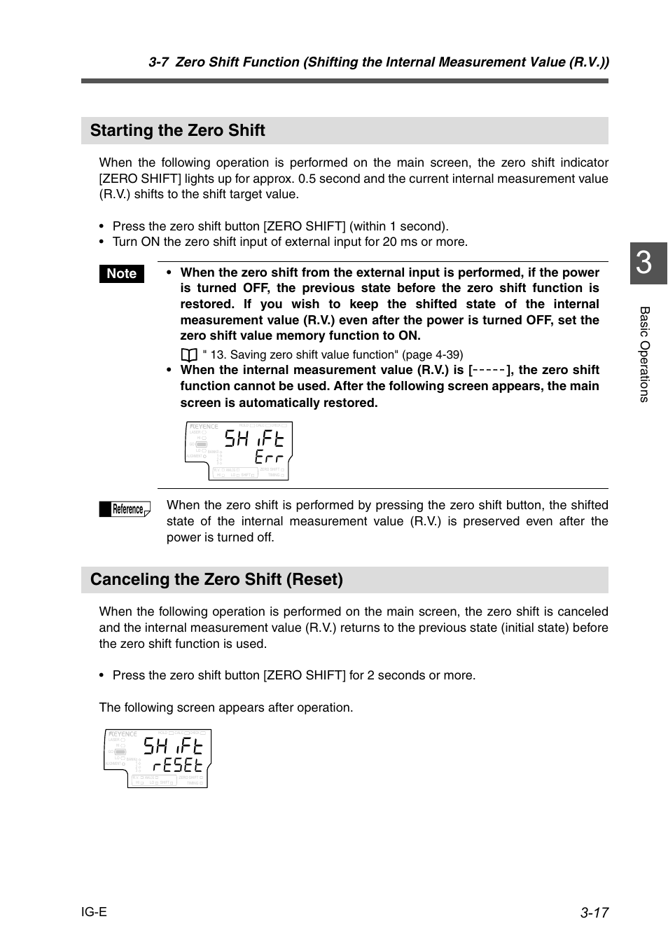 Starting the zero shift, Canceling the zero shift (reset), 5*khv | Tgugv, Reference, Ig-e, Saving zero shift value function" (page 4-39) | KEYENCE IG Series User Manual | Page 53 / 164
