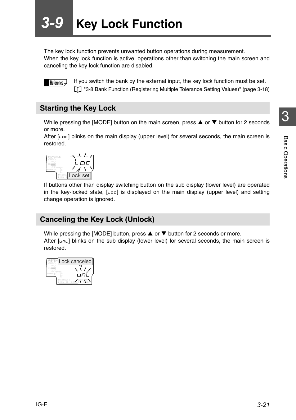 9 key lock function, Starting the key lock, Canceling the key lock (unlock) | Key lock function -21, Key lock function, Reference, Bas ic oper a tion s ig-e, Lock canceled, Lock set | KEYENCE IG Series User Manual | Page 57 / 164