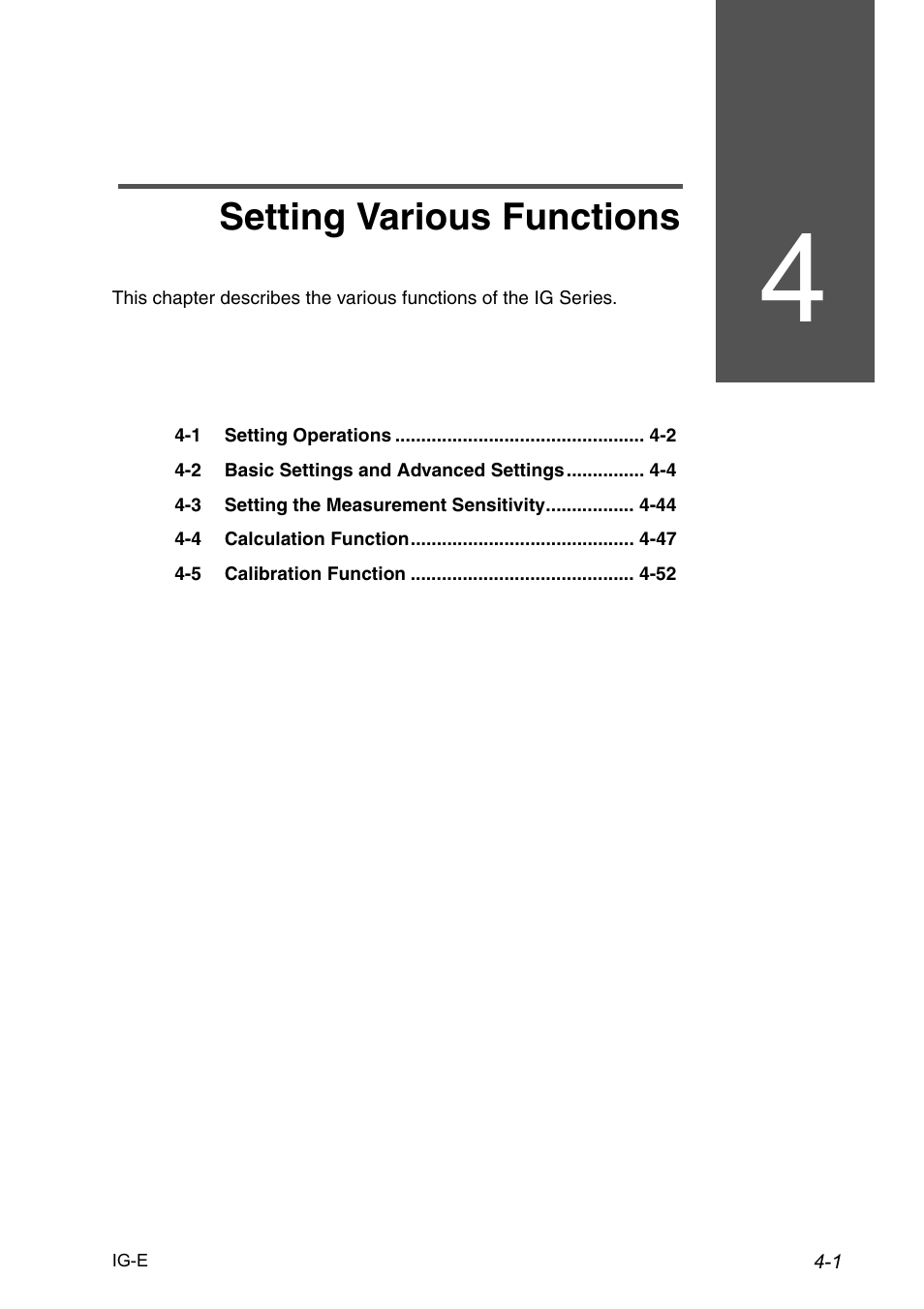 4 setting various functions, Chapter 4 setting various functions, Setting various functions | KEYENCE IG Series User Manual | Page 59 / 164