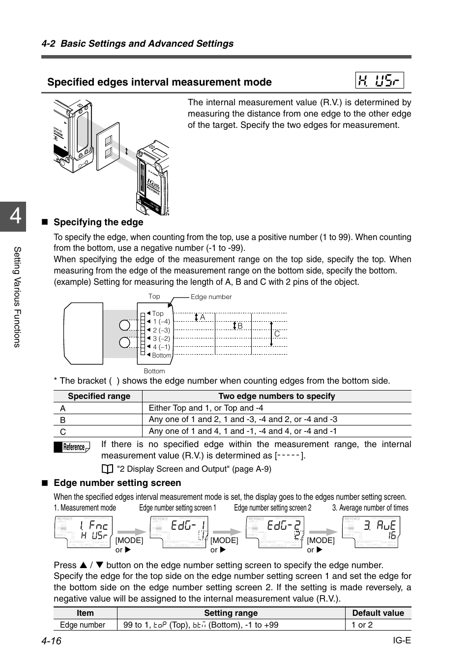 Specified edges interval measurement mode, 2 basic settings and advanced settings, Specifying the edge | Edge number setting screen, Reference, Setting v a ri o us f u nct ion s ig-e, Average number of times, 2 display screen and output" (page a-9), Ab c, Mode] or x [mode] or x | KEYENCE IG Series User Manual | Page 74 / 164