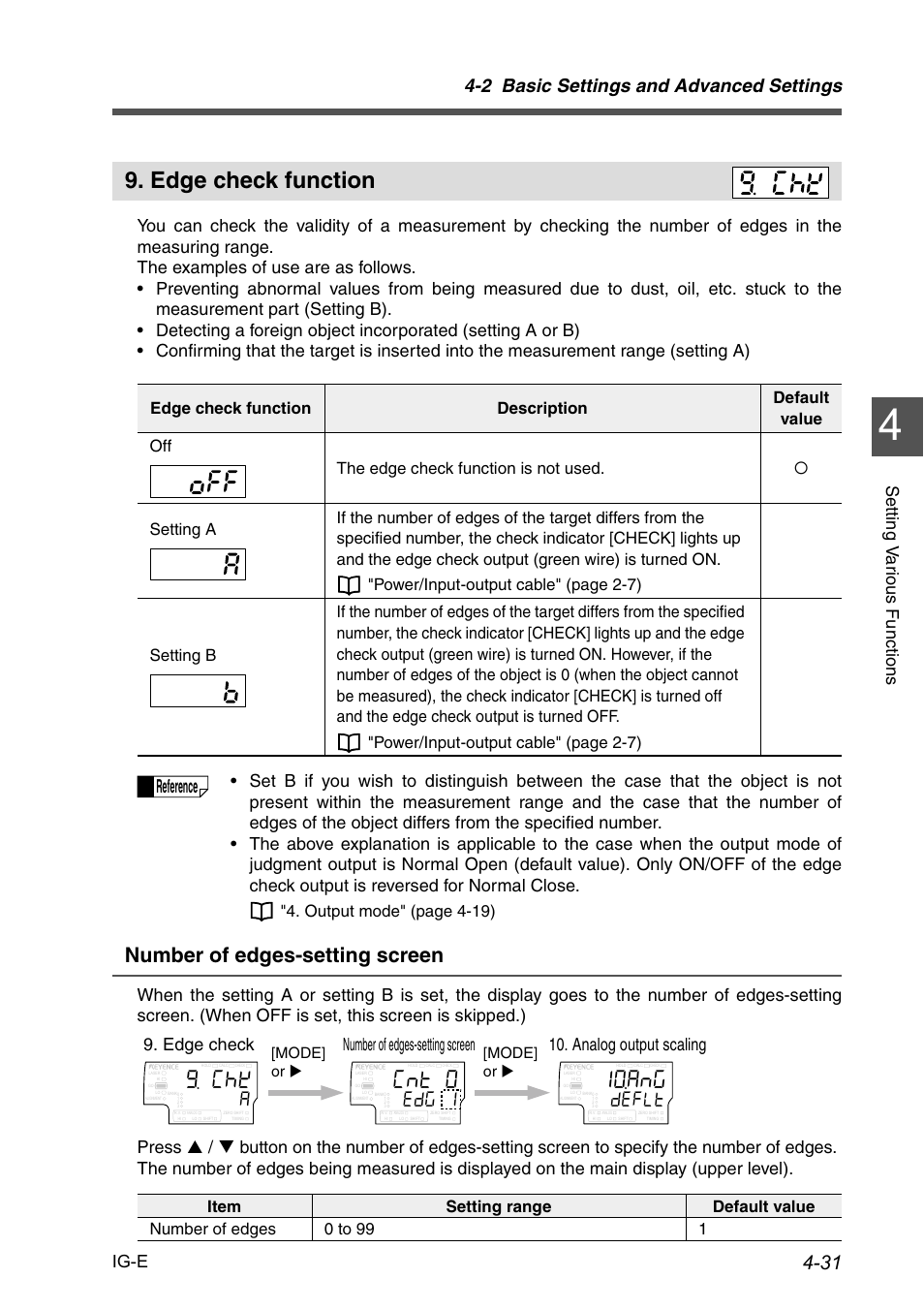 Edge check function, Edge check function -31, Number of edges-setting screen | Fgh.v, 2 basic settings and advanced settings, Reference, Ig-e, Mode] or x [mode] or x | KEYENCE IG Series User Manual | Page 89 / 164