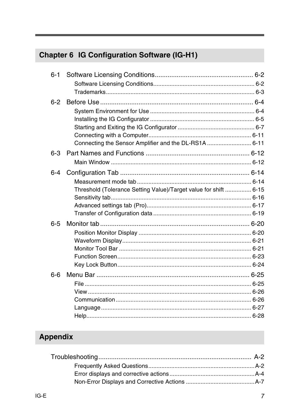 Chapter 6 ig configuration software (ig-h1), Appendix | KEYENCE IG Series User Manual | Page 9 / 164